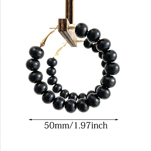 Handmade Nature Wooden Beaded Hoop Earrings Bohemian Minimalist Colorful Circle Round Wood Bead Earrings Vintage Chic Wooden Ethnic Dangle Drop Earrings for Women Statement Jewelry Gifts - color: Black