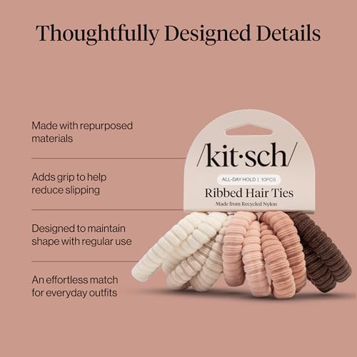 Kitsch Ribbed Hair Ties No Damage - Strong, Stretchy & Snag-Free Hair Bands | Soft Fabric Ponytail Holders, Stylish Elastics for Everyday Hairstyles | Ideal Gifts for Women - Blush, 10pcs - color: Blush Ribbed (Pack of 10)