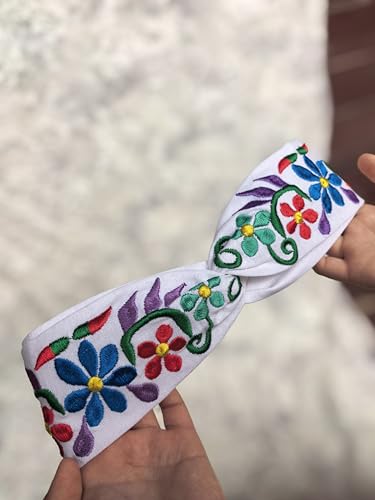 FANFAN Women's Mexican Embroidered Boho Headband - Twist Knotted Criss Cross Elastic Floral Hair Band Adjustable Head Wrap for Wedding, Party & Everyday Use E9 (White, Free Size) - color: White