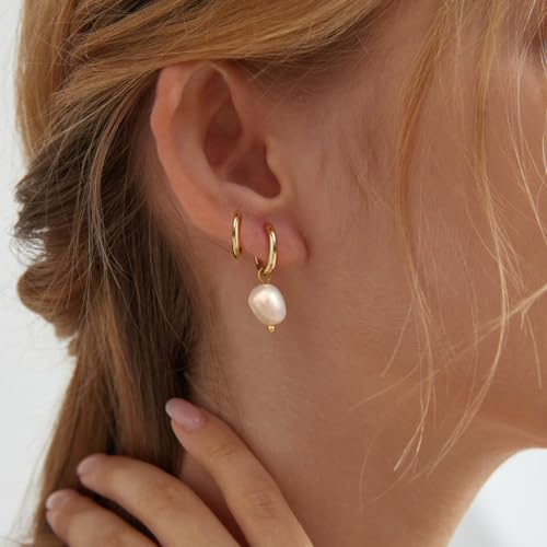 Pearl Earrings for Women, Gold Plated Huggie Hoop Drop Earrings | Hypoallergenic pearl hoop earrings designed for multiple piercings, cartilage styling and everyday wear - style: 4 pearl earring set