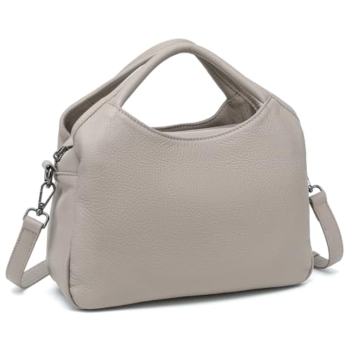 KOGTLA Medium Genuine Leather Purses for Women with Detachable Satchel Strap, Ladies Soft Handbags, Tote Hobo Bags - color: Beige White