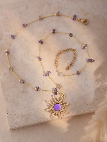 Sacina Sun Choker Necklace, Natural Crystal Necklace, Boho Hippie Jewelry, Christmas Jewelry Gift For Women - color: purple