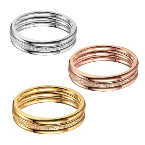 9 Pack Stackable Rings for Women - Dainty Titanium Steel Womens Ring, Silver, Gold, Rose Gold, Triple Band Design, Textured and Smooth Finish,Minimalist Thin Rings for Daily/Wedding/Party