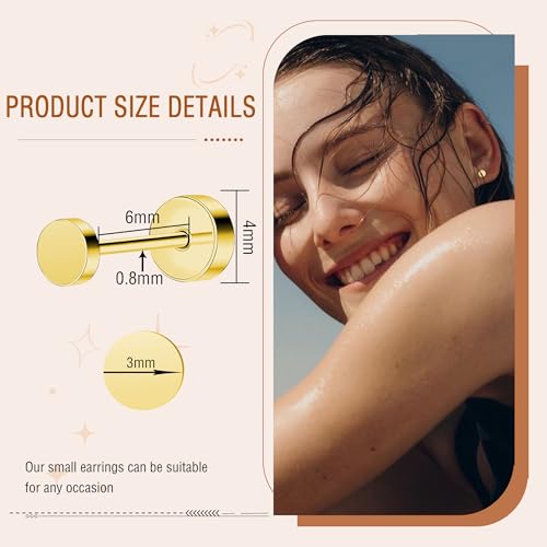 ZDE Women Earrings Flat Back Dot Earrings Titanium Hypoallergenic Cartilage Non-Nickel Earrings Studs for Sensitive Ears Simple Classic 3mm/4mm/5mm/6mm Screw On Stud Earring - color: Gold, size: 3MM