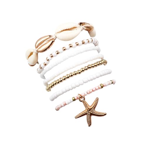 Pingyongchang Bohemian Stackable Shell Beaded Ankle Bracelets for Women Colorful Boho Multi-Layer Seashell Gold Starfish Adjustable Handmade Braid Bracelet Summer Beach Holiday Accessories Gifts - color: White