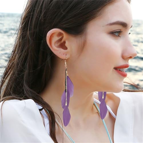 coadipress Boho Piercing Tassel Feather Long Chain Earrings Retro Lightweight Native Feather Dangle Drop Earrings for Women Bohemian Handmade Natural Feathers Earring Jewelry - color: Purple