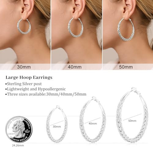 Senteria Silver Hoop Earrings for Women Hypoallergenic 925 Sterling Silver Post Hoop Earrings Lightweight Large Hoops Earring Thick Twisted Silver Hoops 30/40/50MM - color: 40MM Silver