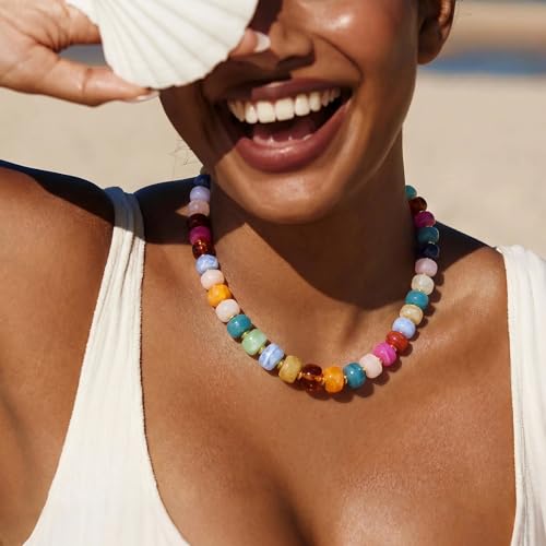 Colorful Beaded Necklace for Women Chunky Resin Beads Choker Necklaces Boho Statement Necklace Summer Vacation Y2K Jewelry - color: Colorful