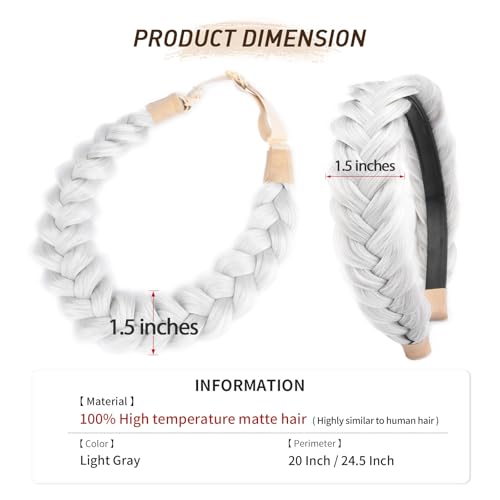 2PCs Braided Headband with teeth Handmade Messy Wide Synthetic Hair Elastic Stretch Fluffy Hairpiece for Brides (Light Gray) - color: Light Gray
