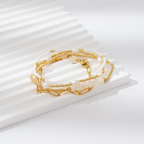 Dainty Gold Plated Pearl Crystal Beaded Bracelets Set for Women 14K Gold Plated Bead Pearl Beads Bracelet Stackable Paperclip Link Chain Bracelets Gold Plated Bracelets for Women Trendy Jewelry - color: Style3-pearl gold bead set