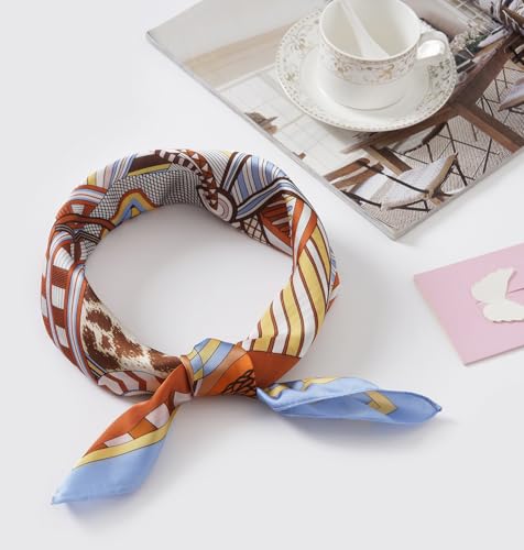 CHUNG Women's Scarf Hair Bandanas Square 27.5" Satin Wrap Fashion Pattern Scarves Emulation Silk Handbag Ribbons Necktie - color: Orange/Yellow Check-8#