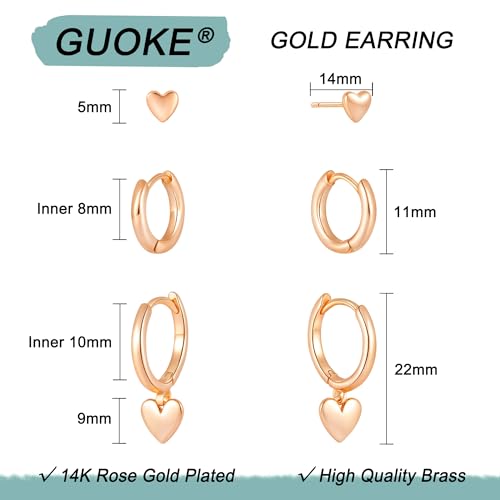 3 Pairs Small Earring Stacks, 14K Gold/Silver/Black/Rose Gold Plated Pearl Heart Butterfly Star Diamond Charm Drop Huggie Earrings Trendy Jewelry Gift for Women - color: Rose Gold-Heart