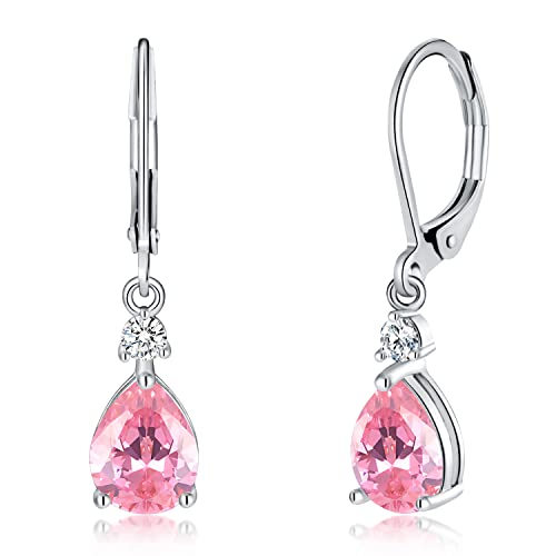 CiNily Teardrop Leverback Dangle Earrings for Women Hypoallergenic 14K Gold Plated Cubic Zircon Drop Earrings Fashion Crystal Earrings for Girls Jewelry Christmas Gifts - color: White Gold-Pink CZ