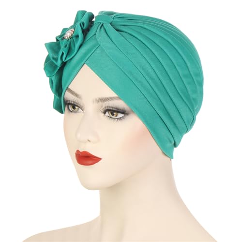 Flower Turban Hats for Women - Ruffle Bead Stretch Solid Caps Chemo Cancer Pre Tied Headscarf Headwear - color: Teal