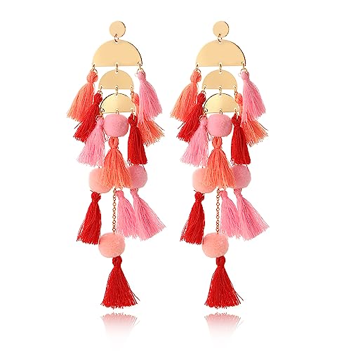Long Tassel Earrings for Women Colorful Fringe Drop Dangle Earrings Bohemian Hawaiian Summer Beach Jewelry for Womens Vacation Outfits - color: Pink