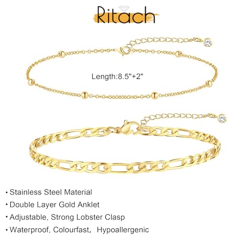 Ritach Ankle Bracelets for Women - Silver/Gold Plated Stainless Steel Anklets for Women Waterproof Layered Cuban Link Figaro Chain Heart Anklets Set Summer Beach Jewelry Gifts - color: Gold-Layered Figaro & Beaded Chain