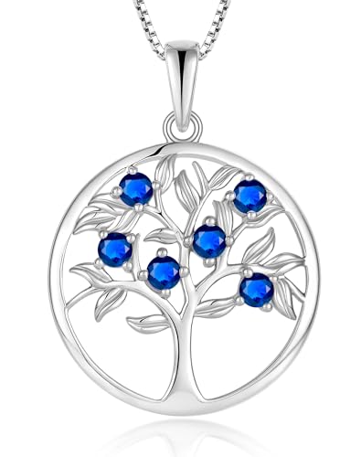 Tree of Life Necklace for Women - Solid 925 Sterling Silver 18K White Gold Plated Birthstone Pendant Jewelry - color: 09-Sept_Sapphire