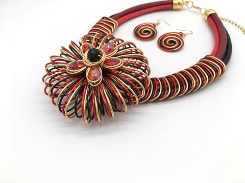 Statement African Necklace For Women African Jewelry Costume Earring Sets Tribal Fashion Colorful Big Rhinestone Crystal Pendent Collar Choker Bold Chunky Bib Handmade - color: Flower red