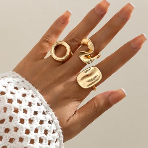 Chunky Vintage Gold Statement Dome Rings Set for Women Dainty 14K Gold Geometric Circle Hollow Knuckle Finger Ring Punk Silver Textured Midi Jewelry - color: Gold