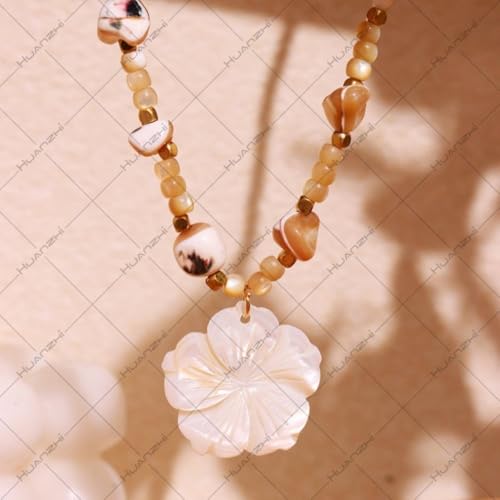 NewZenro Boho Shell Flower Beaded Pendant Necklace for Women Dainty Floral Natural Stone Choker Necklaces Adjustable Chain Fashion Summer Holiday Patry Jewelry for Her