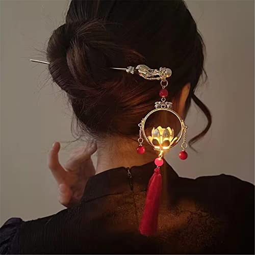 Chinese Hair Accessories Hair Stick Lantern Light Tassel Hairpins Coiled Hair Vintage Hair Bun Hair Pin for Women Red 1pc - color: Red