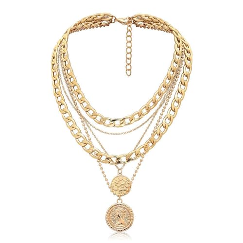 Gold Stack Necklace Chunky Necklaces for Women Trendy Coin Pendant Long Necklaces Western Jewelry for Women Cowgirl Cowboy Chic Country Outfit Boho Accessories Birthday Jewelry Gifts - color: F Gold Layered Chunky Necklaces