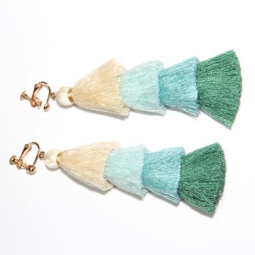 Clip on Earrings, Lightweight Colorful Layered Tassel Bohemian Statement Tiered Big Dangle Drop Earrings for Women, Non Pierced, Boho Jewelry - color: Green