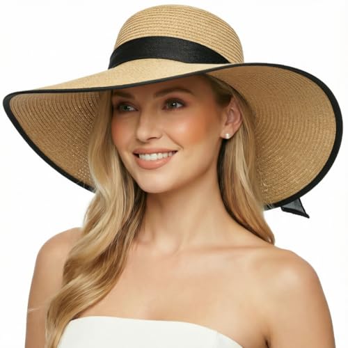 DRESHOW Beach Hats for Women Big Straw Wide Brim Summer Hat Floppy Foldable Roll up Cap Sun Hat UPF 50+ - color: Ac Khaki 5.9" Brim, 1 Pack