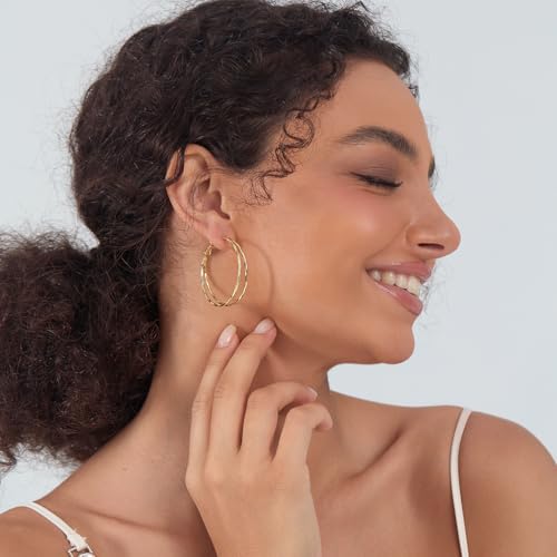 Diamond-Cut Double Hoop Earrings for Women 14k Gold Plated 925 Sterling Silver Posts Lightweight Hypoallergenic Split Hoop Earrings Trendy Jewelry Gifts for Women - color: GOLD