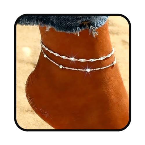 Yalice 925 Silver Ankle Bracelets Chain for Women Dainty 14K Gold Plated Waterproof Beads Anklets Layered Beach Foot Jewelry Gift - color: Silver-Twisted Link