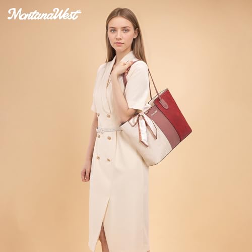 Montana West Tote Bags for Women Top Handle Satchel Purses - color: Beige With Red