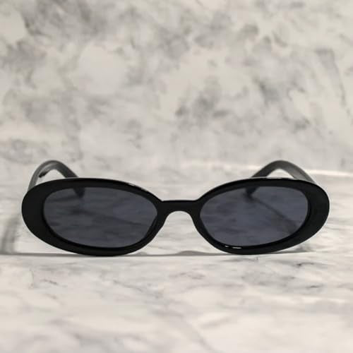 90s Sunglasses for Women Men Retro Small Oval Sunglasses - color: Black/Gray