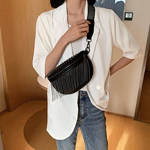 GLT.ETL Fanny pack Chest Bag For women Faux leather Fringe Quilted Waist Bum Cross body Bags Rivet studded Tassel Purses (Black) - color: Black