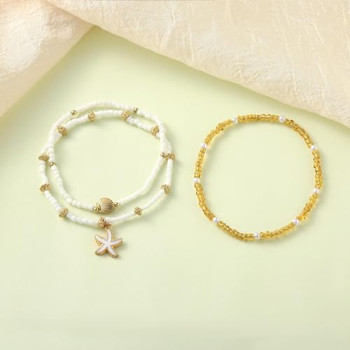 Boho Multilayer Anklet for Women Beach Shell Starfish Pearl Beaded Ankle Bracelets Adjustable Waterproof Summer Foot Chain Jewelry - color: White starfish