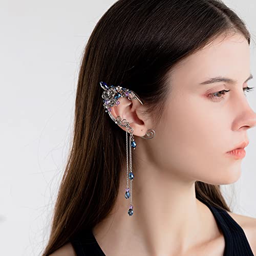 Elf Ear Cuffs, OwMell Handcraft Silver Pointed Fairy Elven Cosplay Fantasy Costume Bridal Wedding Earrings for Non Pierced Ears - style: Bule Tassel