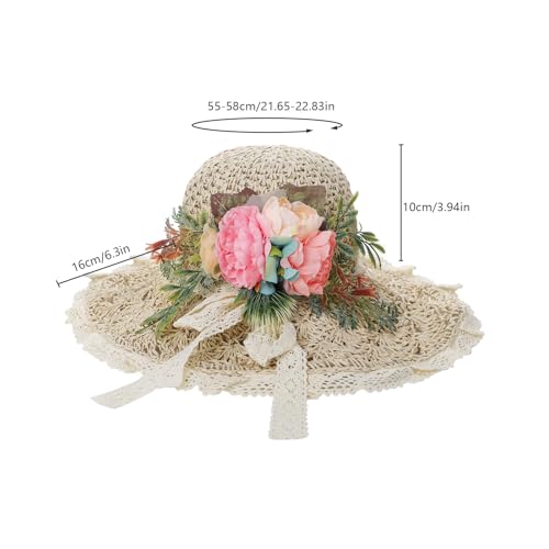 Realistic Flowers Floppy Straw Hats for Women, Chic Wide Brim Lace Trim Bowknot Summer Sun Caps Portable Anti-UV Sun Protection Shopping Fishing Gardening Travel Beach Caps Topee Fisherman Hat Beige