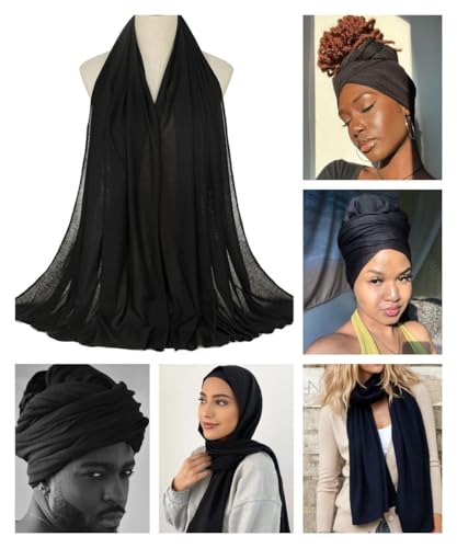 Harewom Head Wraps for Black Women Stretch Head Scarf Long African Hair Wraps Turban Headwraps Jersey Headbands - color: 4pcs-black&camel&denim_blue&dark_grey