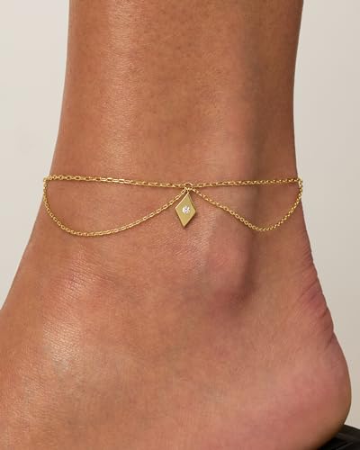 PAVOI 14K Gold Plated Anklet for Women - Trendy Link Chain Ankle Bracelet Summer Jewelry - Boho Dainty Anklets with Cubic Zirconia, Beaded, Evil Eye, Star, Station, Pearls Adjustable Gold Jewelry - style: Boho