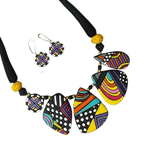 Bold Multicolor Geometric Terracotta Jewelry Set Hand-Painted Clay Necklace with Earrings | Artisan Handmade Statement Boho Jewelry for Women | Gift for Her - color: Boho Brunch