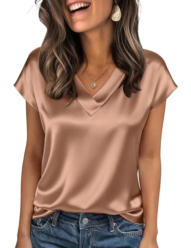 Zeagoo Women Silk Satin Tops Cap Short Sleeve Blouse V Neck Shirts Business Casual Outfits S-2XL - color: Light Coffee, size: Small