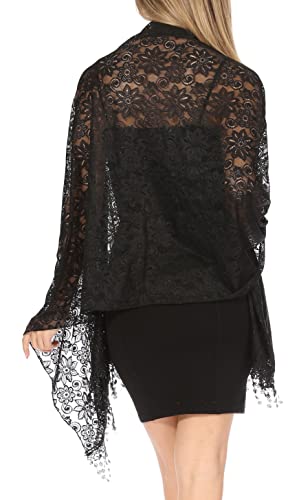 Sakkas Mari Women's Large Lightweight Soft Lace Scarf Wrap Shawl Floral and Fringe - color: Style8-black