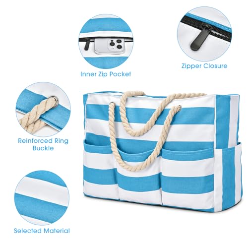 Becokan Beach Bags for Women Canvas Large Beach Tote Bag Zipper Waterproof Sandproof Foldable Swim Pool Bag with 7 Pockets - color: Light Blue