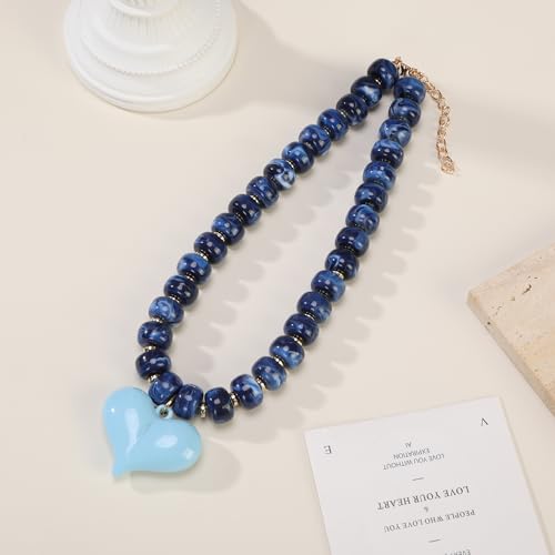 Chunky Colorful Beaded Statement Boho Summer Beach Chokers Necklace Heart Pendant Pink Green Yellow Brown Fashion Jewelry - color: Gold Navy Blue puffy heart