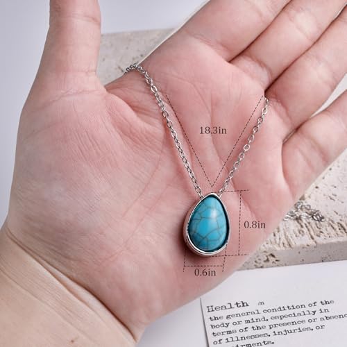 Turquoise Teardrop Necklace for Women – Silver Teardrop Turquoise Necklace with Genuine Stone, Silver Boho Gemstone Jewelry for Gift