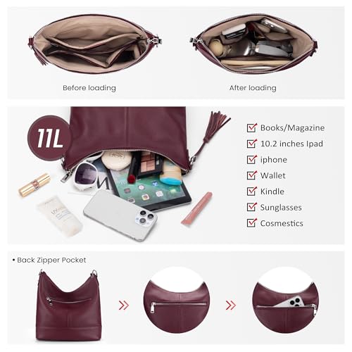 Genuine Leather Hobo Crossbody Bag for Women, Soft Real Leather Bucket, Shoulder Handbag Purse with 2 Removable Strap - color: Burgundy