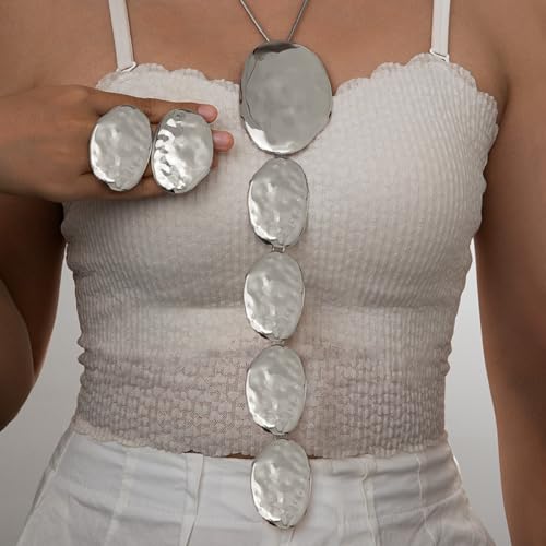 Gold Jewelry Set Chunky Gold Necklace Earring Set for Women Boho Oval Acrylic Earring Necklace Western Adjustable Choker Necklaces Bohemian Jewelry Set For Women - color: Silver A