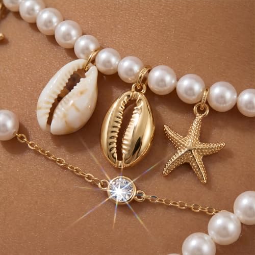 14K Gold Plated Sexy Body Chains for Women - Layered Belly Waist Chain Festival Rave Accessories, 4-in-1 Detachable Pearl Choker Chest Harness Bikini Beach Jewelry