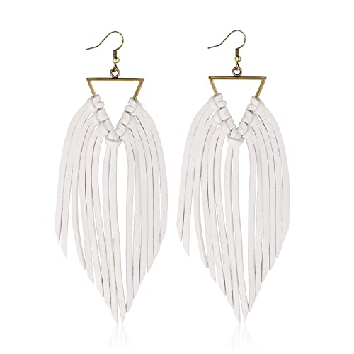 Fringe Leather Earrrings Triangle Deerskin Leather Boho Western Statement Dangel Earrings for Women - color: white