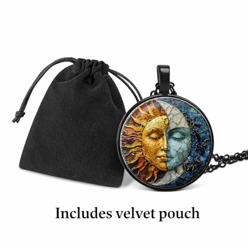 1pc Stunning Round Pendant Necklace - Unique Sun & Moon Pattern, Oil Painting Style Glass Mosaic, Alloy Construction, Trendy Sweater Chain, Fashionable Gift for Women - Christmas or Birthday Gift - color: Black Chain