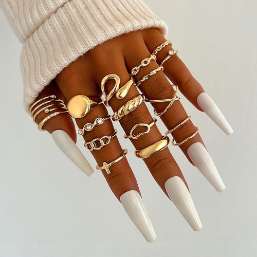 FAXHION 24-60 Pcs Gold Stackable Rings for Women, Knuckle Rings Chunky Gold Ring Set Dainty Stacking Cute Rings, Multiple Sizes Cute Jewelry Set Gift - style: Gold-24 Pcs